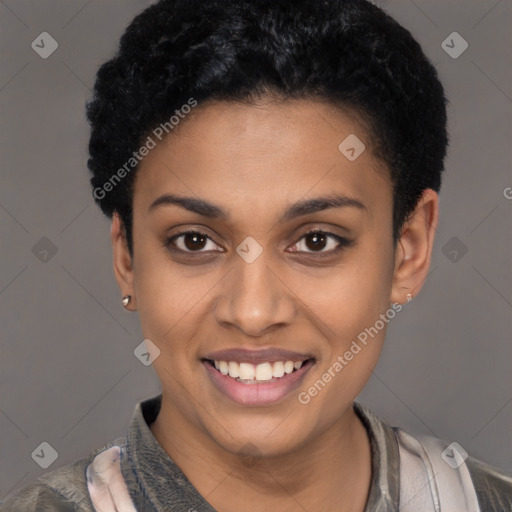 Joyful latino young-adult female with short  black hair and brown eyes