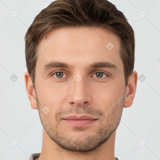 Neutral white young-adult male with short  brown hair and brown eyes