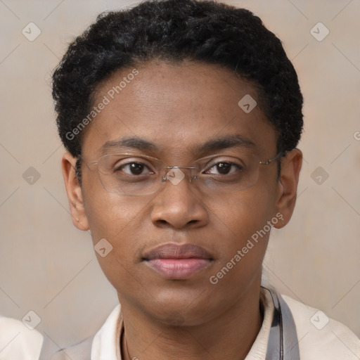 Joyful black young-adult male with short  brown hair and brown eyes