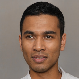 Neutral latino young-adult male with short  black hair and brown eyes