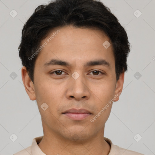 Neutral asian young-adult male with short  brown hair and brown eyes