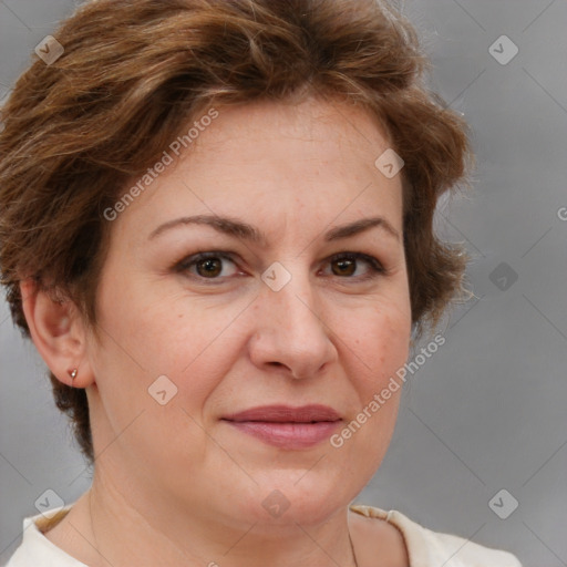 Joyful white adult female with short  brown hair and brown eyes