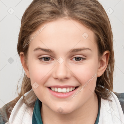 Joyful white child female with medium  brown hair and brown eyes