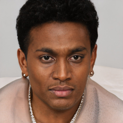 Neutral black young-adult male with short  brown hair and brown eyes