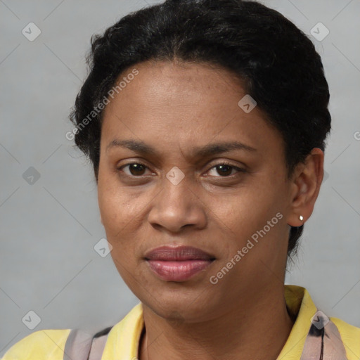 Joyful black adult female with short  brown hair and brown eyes