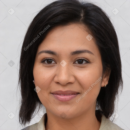 Joyful asian young-adult female with medium  brown hair and brown eyes