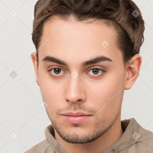 Neutral white young-adult male with short  brown hair and brown eyes