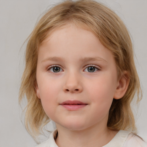 Neutral white child female with medium  brown hair and blue eyes