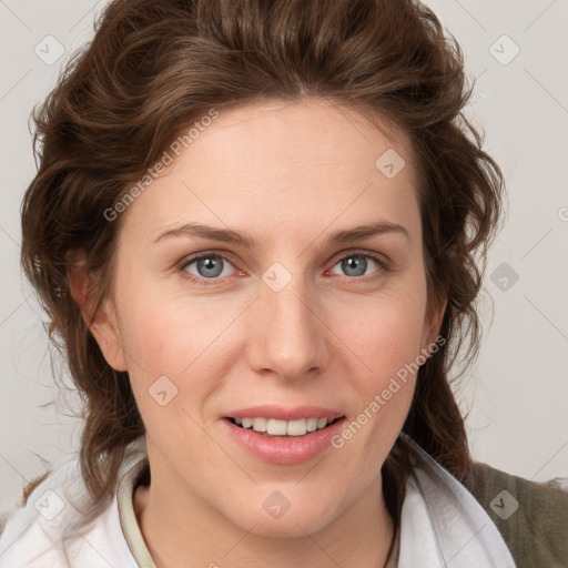 Joyful white young-adult female with medium  brown hair and blue eyes