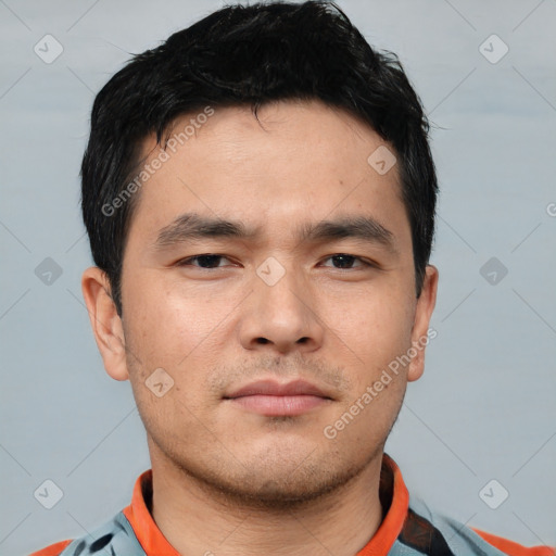 Neutral asian young-adult male with short  black hair and brown eyes