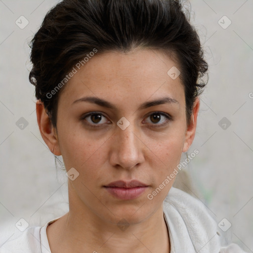 Neutral white young-adult female with short  brown hair and brown eyes