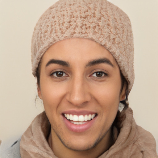 Joyful white young-adult female with short  black hair and brown eyes