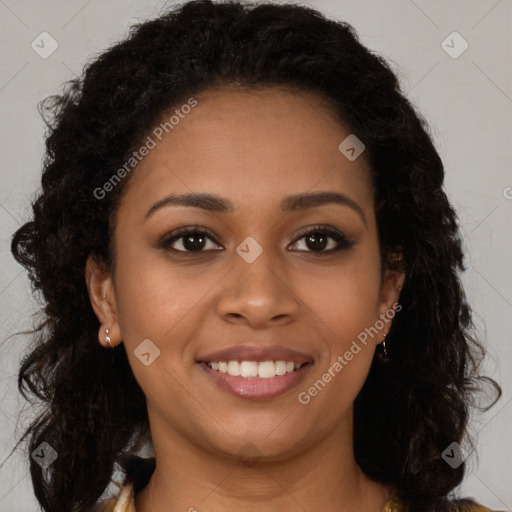 Joyful latino young-adult female with long  brown hair and brown eyes