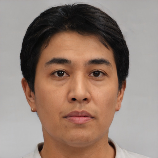 Neutral asian young-adult male with short  black hair and brown eyes