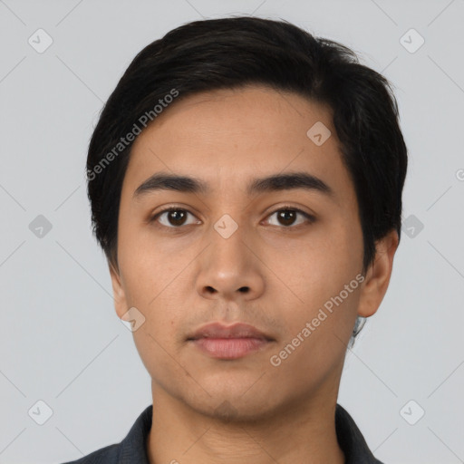 Neutral asian young-adult male with short  black hair and brown eyes