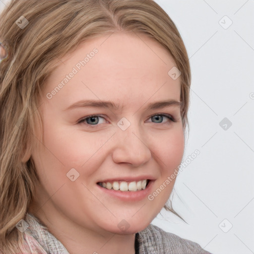 Joyful white young-adult female with medium  brown hair and blue eyes