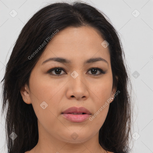 Joyful asian young-adult female with long  brown hair and brown eyes