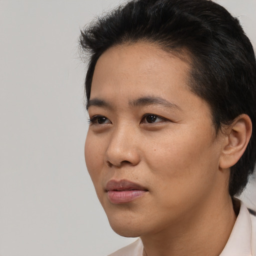 Neutral asian young-adult female with short  black hair and brown eyes