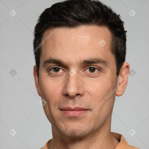 Joyful white young-adult male with short  brown hair and brown eyes