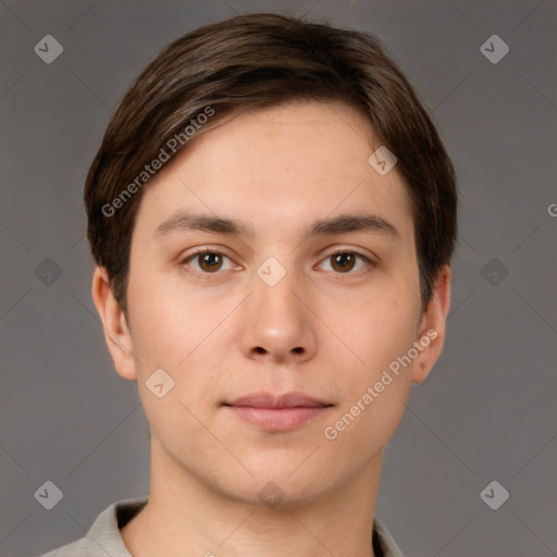 Neutral white young-adult male with short  brown hair and brown eyes