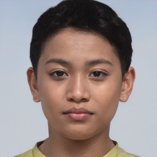 Neutral asian young-adult female with short  black hair and brown eyes