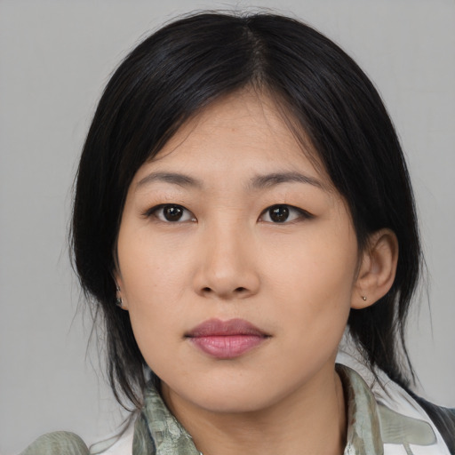 Neutral asian young-adult female with medium  black hair and brown eyes