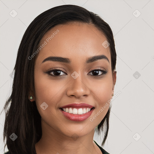 Joyful white young-adult female with long  black hair and brown eyes