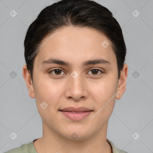 Joyful white young-adult female with short  brown hair and brown eyes