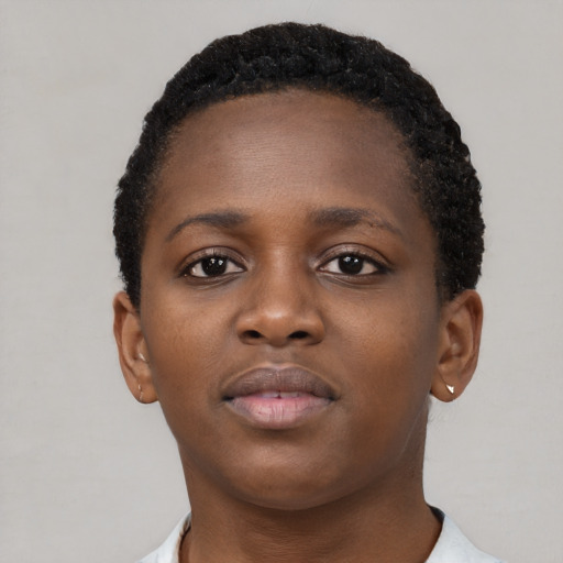 Neutral black young-adult female with short  brown hair and brown eyes