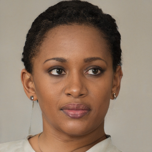 Joyful black young-adult female with short  brown hair and brown eyes