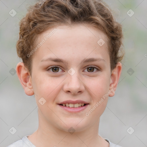 Joyful white child female with short  brown hair and brown eyes