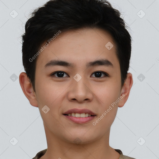 Joyful asian young-adult male with short  brown hair and brown eyes