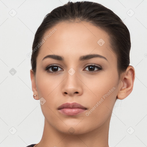 Neutral white young-adult female with short  brown hair and brown eyes