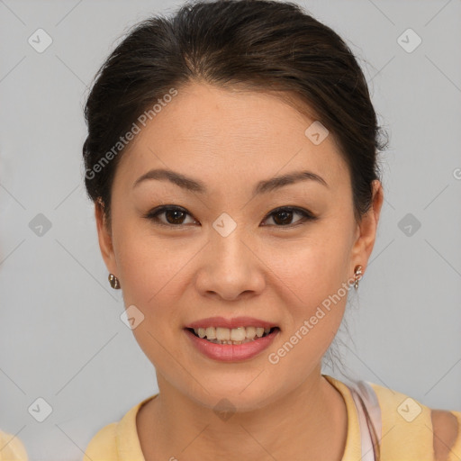 Joyful asian young-adult female with short  brown hair and brown eyes