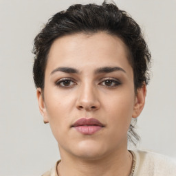 Neutral white young-adult female with short  brown hair and brown eyes