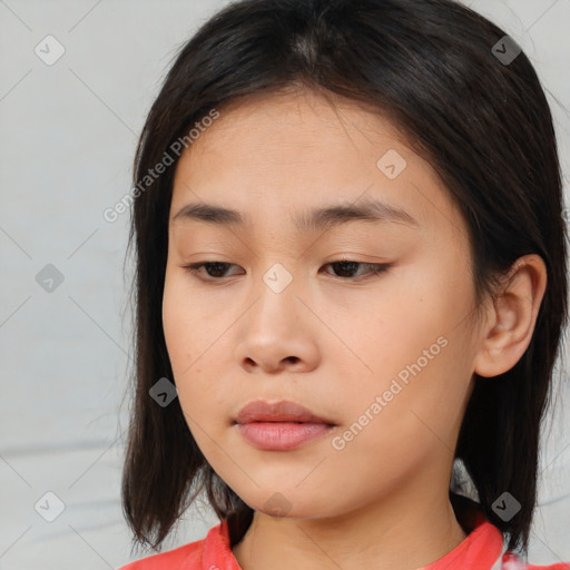 Neutral asian young-adult female with medium  brown hair and brown eyes