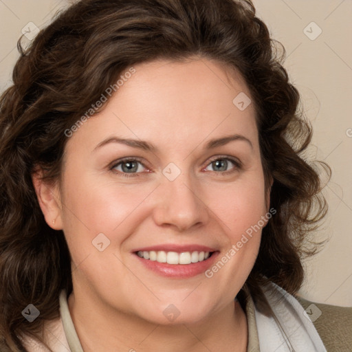 Joyful white young-adult female with medium  brown hair and green eyes