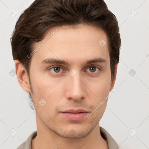 Neutral white young-adult male with short  brown hair and brown eyes