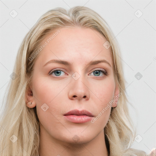 Neutral white young-adult female with long  brown hair and blue eyes