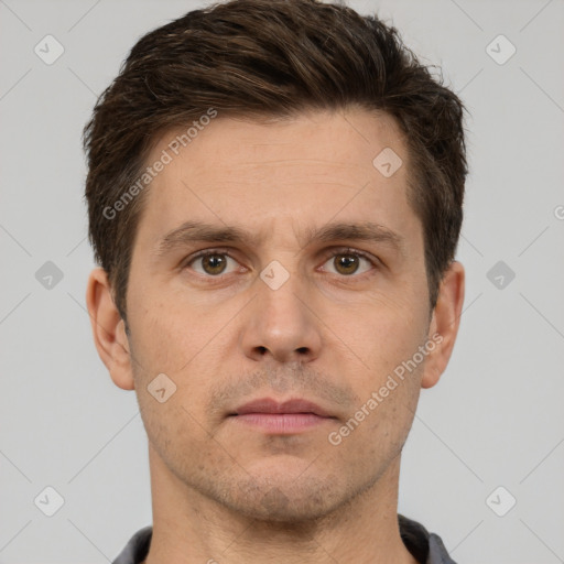 Neutral white adult male with short  brown hair and brown eyes