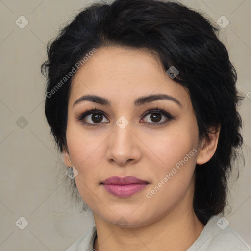 Joyful asian young-adult female with medium  black hair and brown eyes