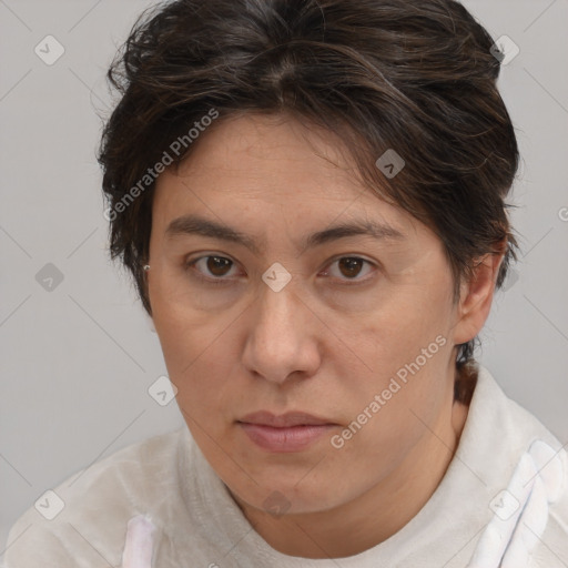 Joyful white adult female with short  brown hair and brown eyes