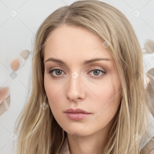 Neutral white young-adult female with long  brown hair and grey eyes