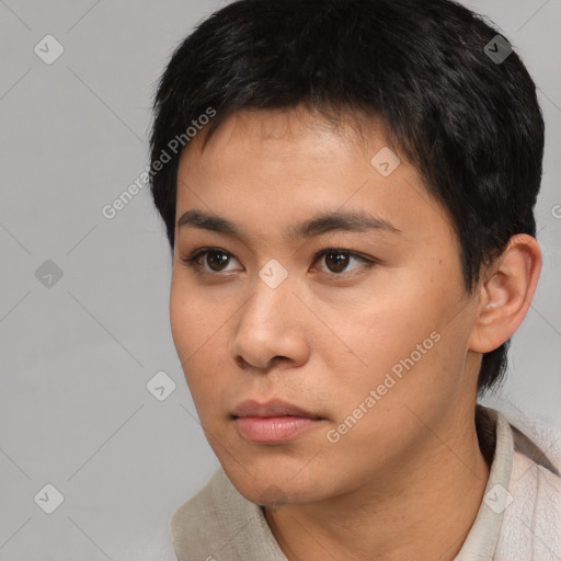 Neutral asian young-adult male with short  black hair and brown eyes