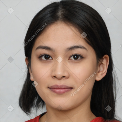 Neutral asian young-adult female with medium  black hair and brown eyes