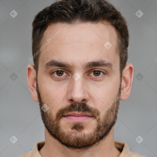 Neutral white young-adult male with short  brown hair and brown eyes