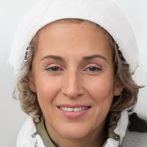 Joyful white adult female with medium  brown hair and blue eyes