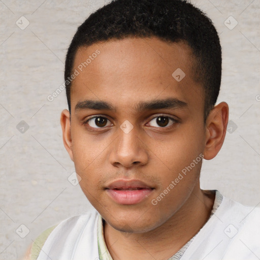 Neutral white young-adult male with short  brown hair and brown eyes
