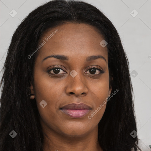 Joyful asian young-adult female with long  brown hair and brown eyes