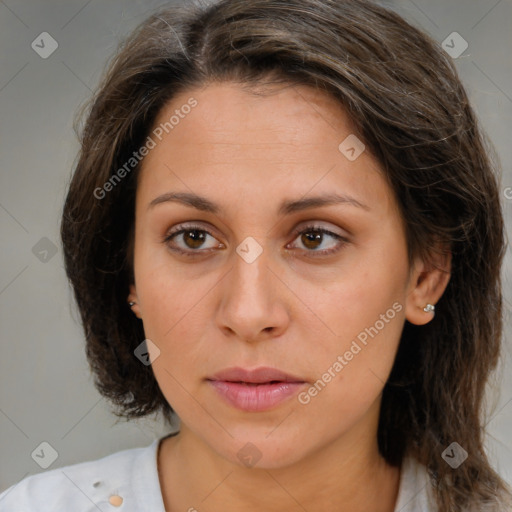 Neutral white young-adult female with medium  brown hair and brown eyes